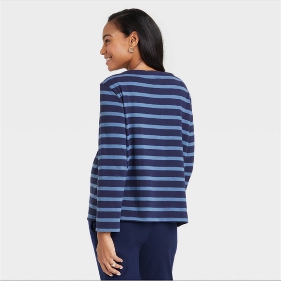 THE NINES BY HATCH Long Sleeve Cotton Boatneck Maternity Blouse Striped, NWT - Picture 2 of 8
